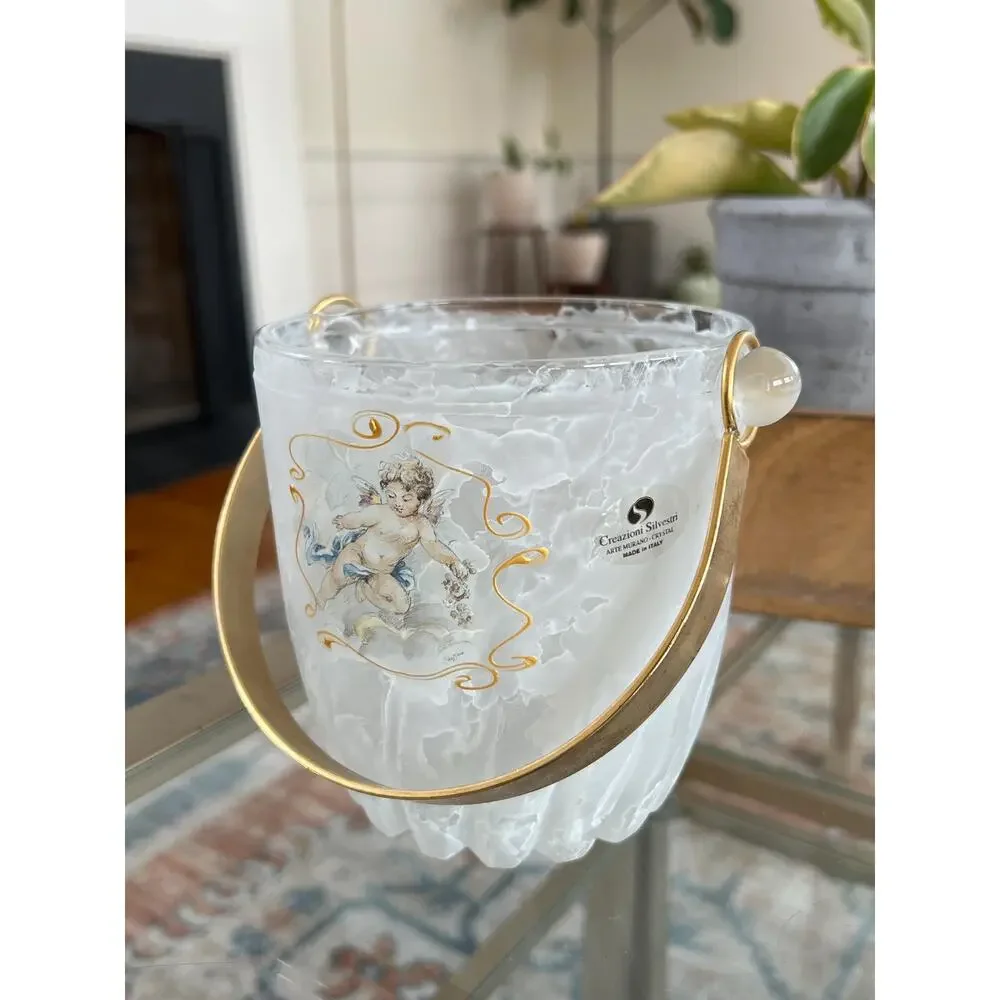 Vintage Creazioni Silvestri Arte Murano Crystal Ice Bucket Cherub Italian